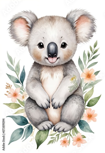 Adorable baby koala surrounded by soft floral elements. Ideal for nursery decorations, children's art, baby shower greeting card and cute animal-themed designs
