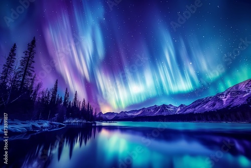 Stunning Northern Lights Over Lake, Mesmerizing and Colorful, Night Sky Reflection, Ideal for Nature and Travel Content