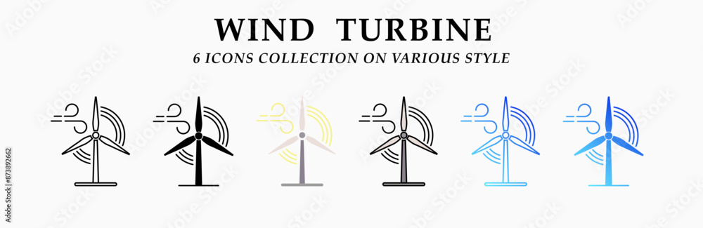Wind turbine icons collection. 6 Various styles. Lineal, solid Black, flat, lineal color and gradient. For sign, symbol, presentation, infographic or web graphics. Vector Illustration. Wind turbine icons collection. 6 Various styles. Lineal, solid Black, flat, lineal color and gradient. For sign, symbol, presentation, infographic or web graphics. Vector Illustration.