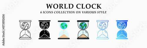 World clock icons collection. 6 Various styles. Lineal, solid Black, flat, lineal color and gradient. For sign, symbol, presentation, infographic or web graphics. Vector Illustration.