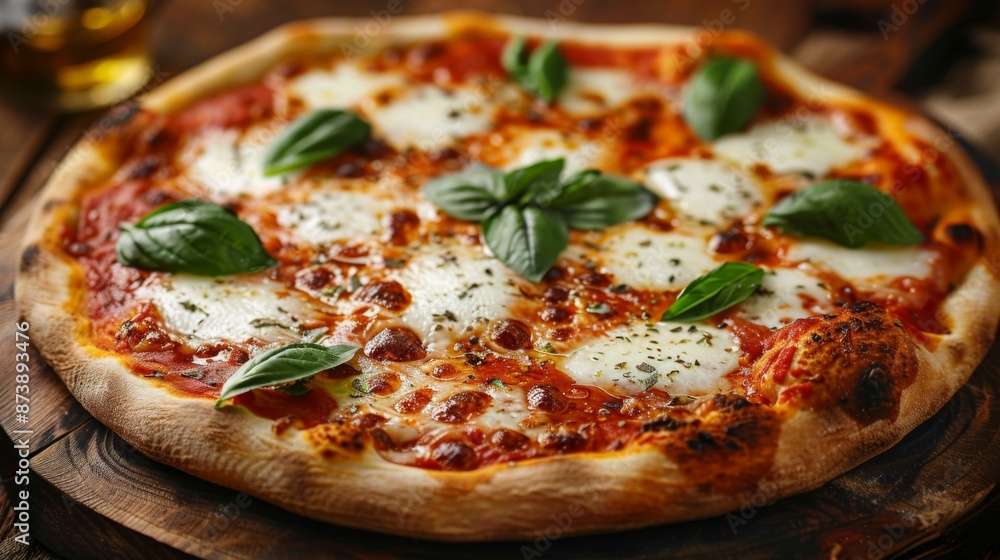 Pizza Margherita: A classic Margherita pizza with fresh mozzarella, basil leaves, and tomato sauce, presented on a rustic wooden board with a drizzle of olive oil. Pizza Margherita: A classic Margherita pizza with fresh mozzarella, basil leaves, and tomato sauce, presented on a rustic wooden board with a drizzle of olive oil.