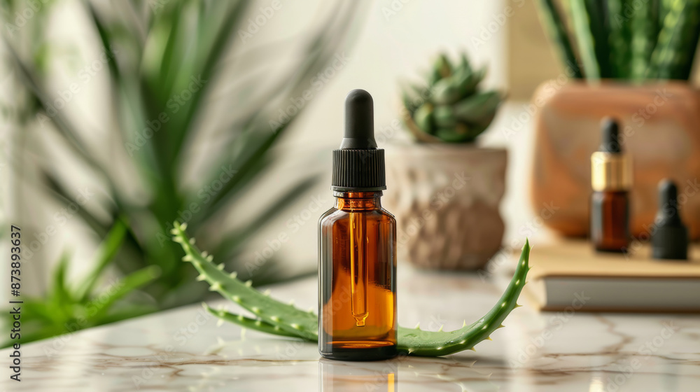 Fototapeta premium aloe vera plant essential oil bottle on marble table, for skincare health, botanical ingredient, natural beauty product concept