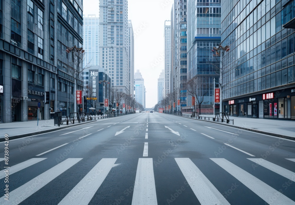 Fototapeta premium A city street with a large empty road and a few buildings in the background