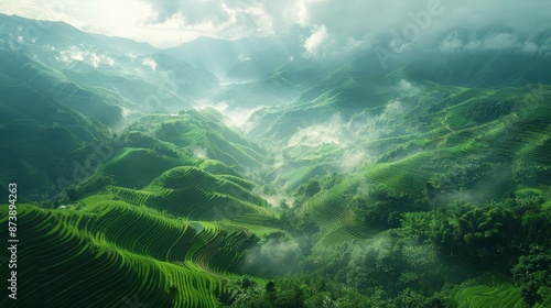 A purely green scene of the Yuanyang Rice Terraces in Yunnan, with bright sunlight