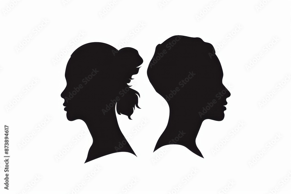 Two women's heads are shown in silhouette, one with a heart on her head. Concept of love and unity between the two women Two women's heads are shown in silhouette, one with a heart on her head. Concept of love and unity between the two women
