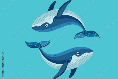 Vector illustration of two cute blue whales in cartoon style on blue background