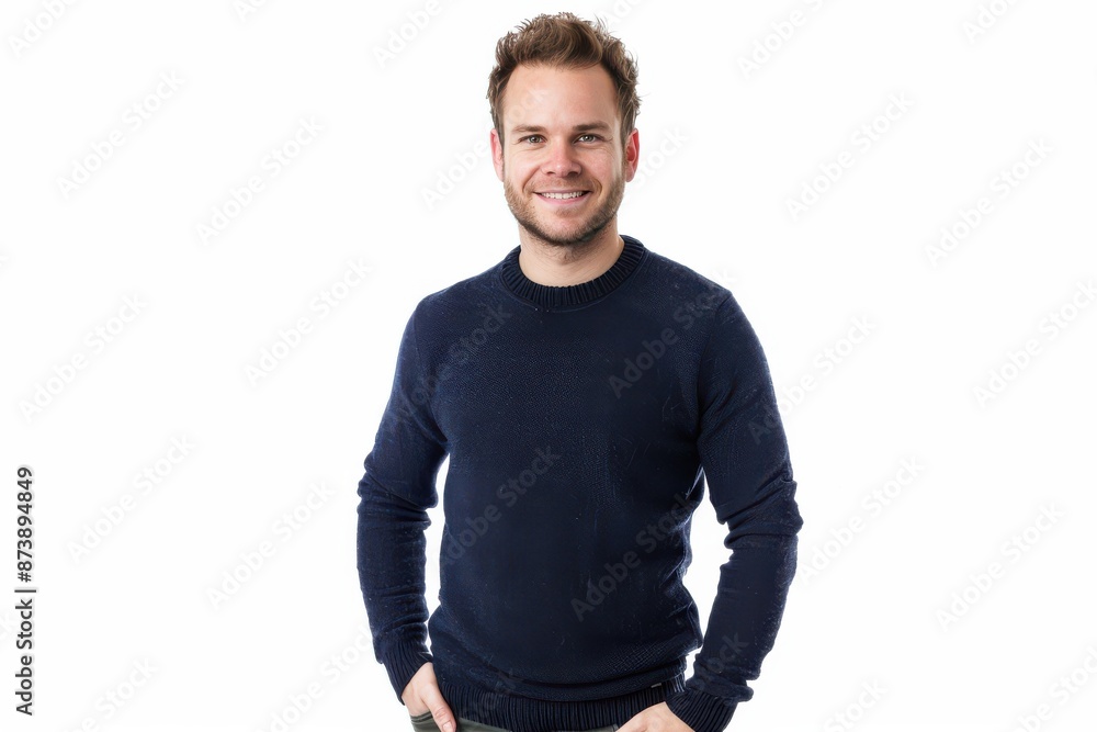 A man is wearing a blue sweater and smiling. He is posing for a picture. The sweater is long and has a pattern on it A man is wearing a blue sweater and smiling. He is posing for a picture. The sweater is long and has a pattern on it