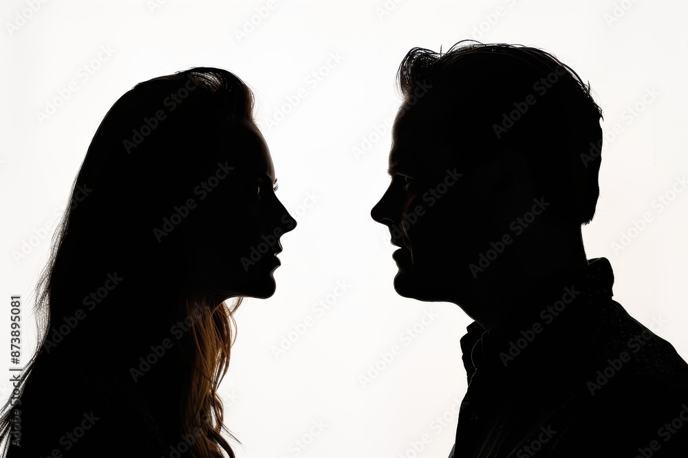 A man and woman are silhouetted against a white background. The man is looking at the woman with a frown on his face A man and woman are silhouetted against a white background. The man is looking at the woman with a frown on his face