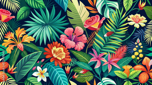 Seamless pattern with tropical flowers and leaves. Vector illustration.