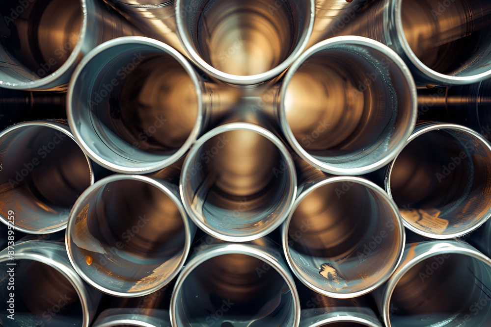 A collection of stainless steel pipes arranged in a circular formation, illustrating the concept of a metallurgical industry backdrop A collection of stainless steel pipes arranged in a circular formation, illustrating the concept of a metallurgical industry backdrop