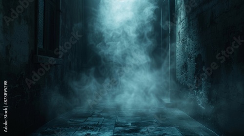 spooky white fog seeping into a dim alley, setting the scene for a chilling halloween night of frights perfect for a themed banner photo