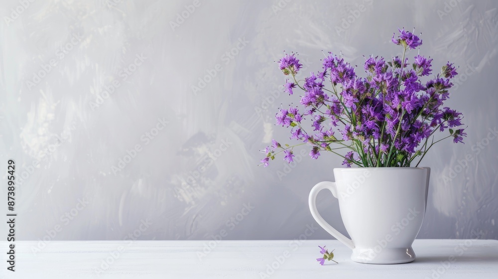 Obraz premium Violet statice flower bouquet in a coffee cup on a white table with empty space for text or image