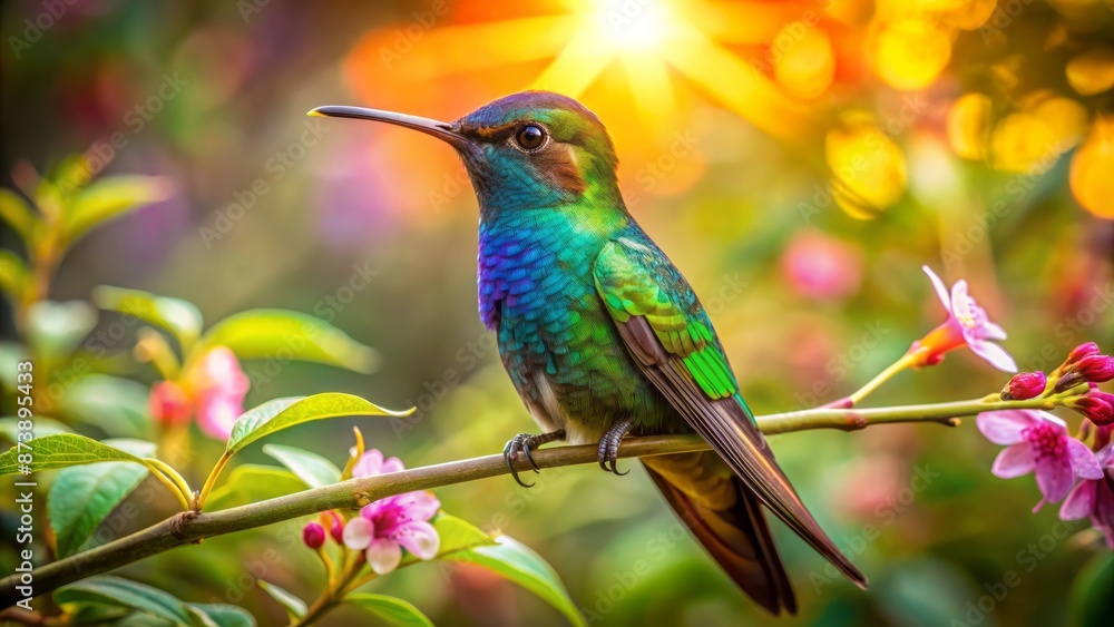 Vibrant iridescent hummingbird perched on branch amidst lush green foliage, sipping nectar from delicate flowers in warm sunlight filtering through forest canopy. Vibrant iridescent hummingbird perched on branch amidst lush green foliage, sipping nectar from delicate flowers in warm sunlight filtering through forest canopy.