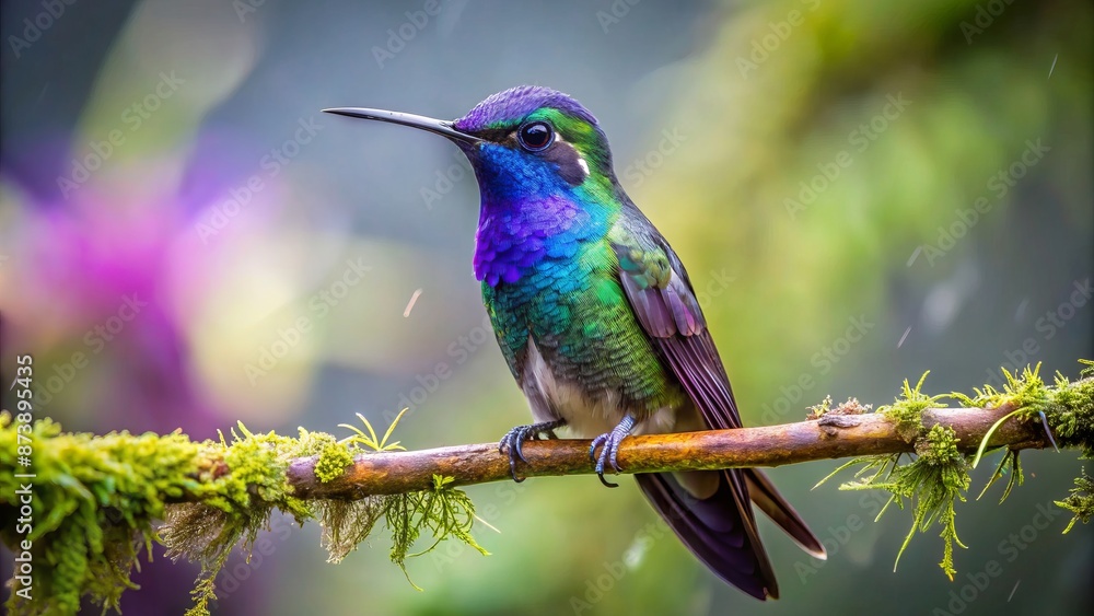 Diminutive Purple-throated Mountain-gem hummingbird perches on branch, iridescent violet throat feathers glistening in misty Costa Rican cloud forest surroundings. Diminutive Purple-throated Mountain-gem hummingbird perches on branch, iridescent violet throat feathers glistening in misty Costa Rican cloud forest surroundings.