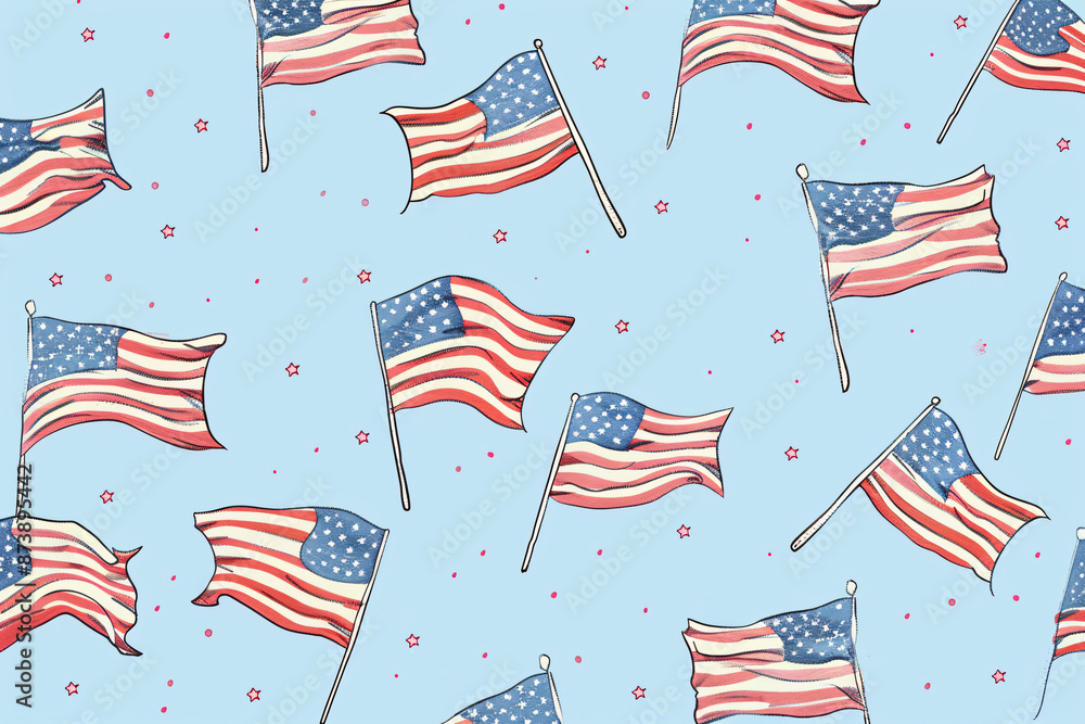 Fototapeta premium Pattern of American flags waving on a light blue background with small dots, celebrating American patriotism and pride