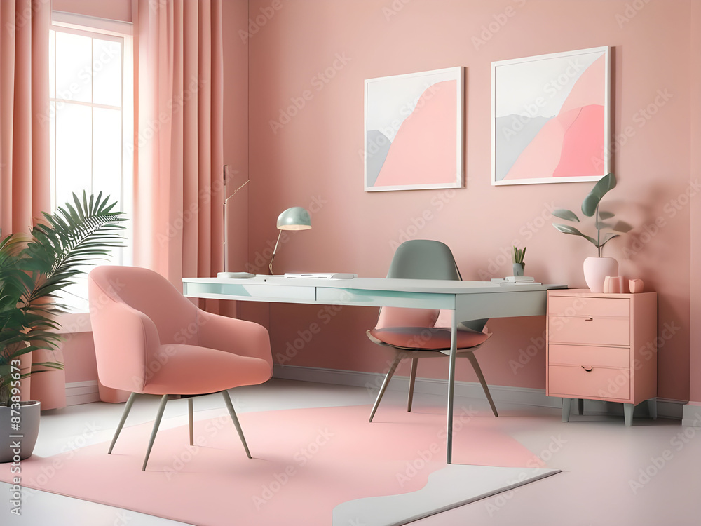 Fototapeta premium Workplace in peach fuzz 2024 color trend furniture. Painted gray walls and rich furniture - chairs and table with lamp. Pastel painting background. Large home office or coworking center. 3d render