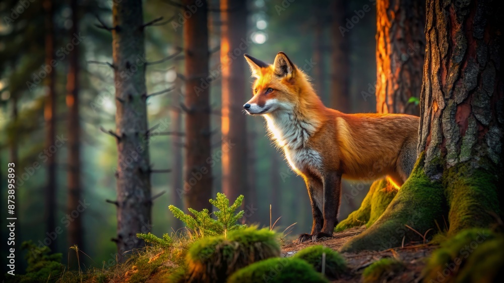 Fototapeta premium Lonely red fox with vibrant orange fur stands beside pine tree trunk, lost in mystical darkness of German forest wilderness.