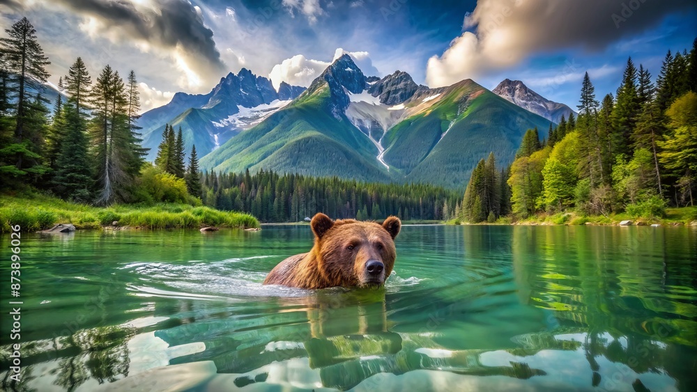 Majestic brown bear swims alone in serene turquoise lake surrounded by lush green forest and majestic mountain peaks background. Majestic brown bear swims alone in serene turquoise lake surrounded by lush green forest and majestic mountain peaks background.