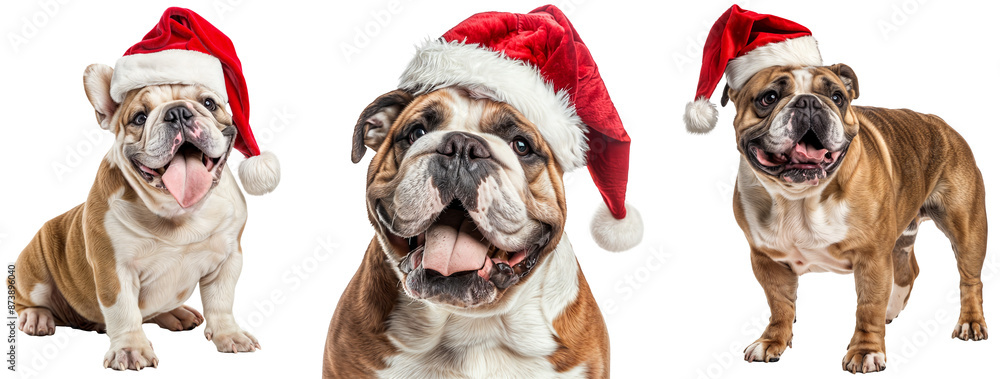 Fototapeta premium Charming English Bulldogs Bundle in Santa Hats Isolated on Transparent Background - Festive Christmas Pet Collection for Holiday Cheer