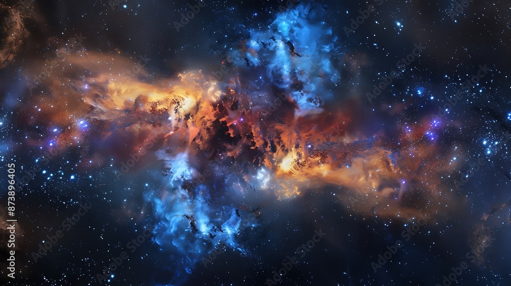 Naklejka premium Ethereal Galaxy with Cosmic Dust Clouds, Dark Lanes, and Bright Stars in Deep Space