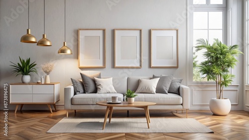 Modern scandinavian style living room interior with blank white wall featuring empty picture frame mockup and square templates awaiting artwork.