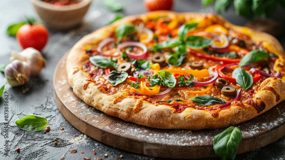 Healthy Veggie Pizza: A colorful vegetable pizza loaded with fresh toppings like bell peppers, olives, red onions, and spinach, presented on a round wooden board with a sprinkle of fresh herbs. Healthy Veggie Pizza: A colorful vegetable pizza loaded with fresh toppings like bell peppers, olives, red onions, and spinach, presented on a round wooden board with a sprinkle of fresh herbs.