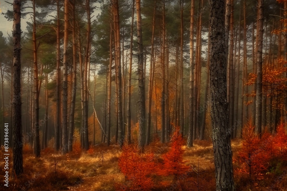 Obraz premium Pine trees on a moody fall landscape with red and orande colors
