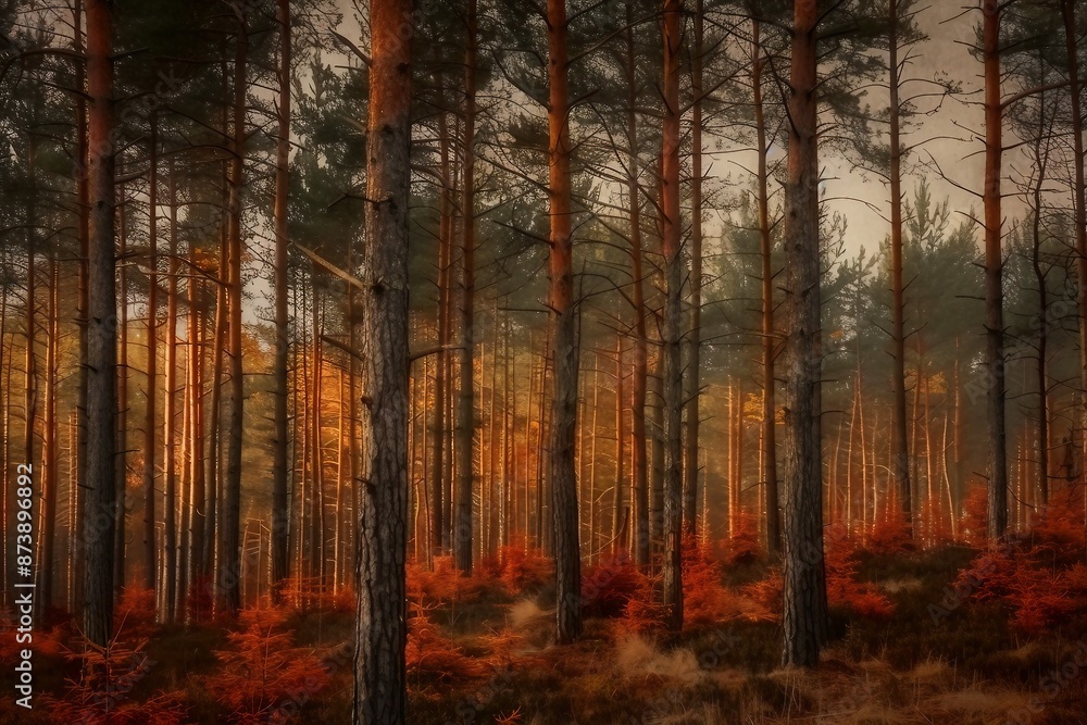 Fototapeta premium Pine trees on a moody fall landscape with red and orande colors