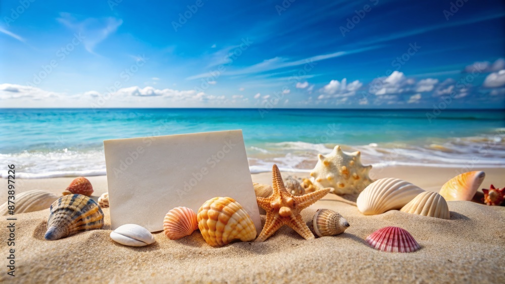 Serenely isolated blank greeting card lies amidst scattered seashells on pristine sandy beach with gentle waves and clear blue sky background. Serenely isolated blank greeting card lies amidst scattered seashells on pristine sandy beach with gentle waves and clear blue sky background.