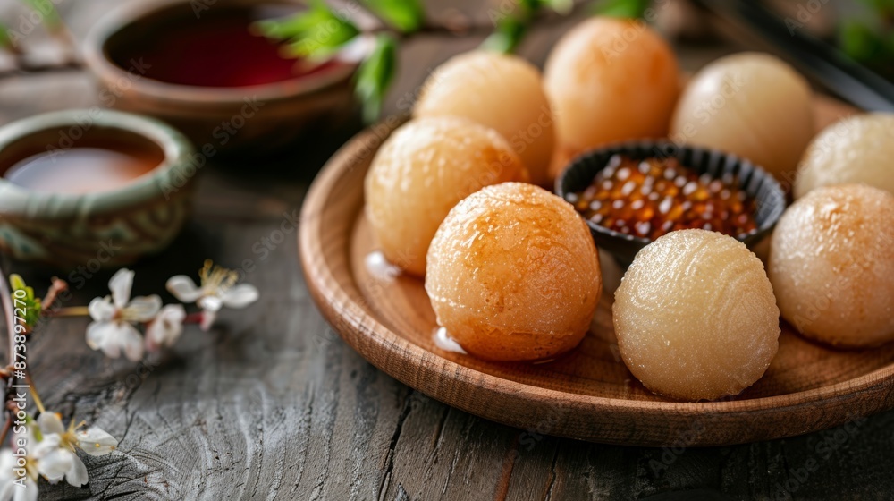 mochi balls on a wooden plate, a traditional japanese dessert with space for text, showcasing its sweet and sticky goodness mochi balls on a wooden plate, a traditional japanese dessert with space for text, showcasing its sweet and sticky goodness