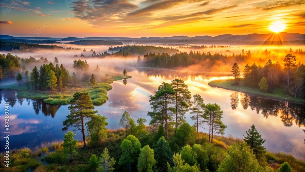 Serene misty morning unfolds over tranquil Torronsuo National Park landscapes, with vibrant sunrise hues casting warm glow on lush summer foliage. Serene misty morning unfolds over tranquil Torronsuo National Park landscapes, with vibrant sunrise hues casting warm glow on lush summer foliage.