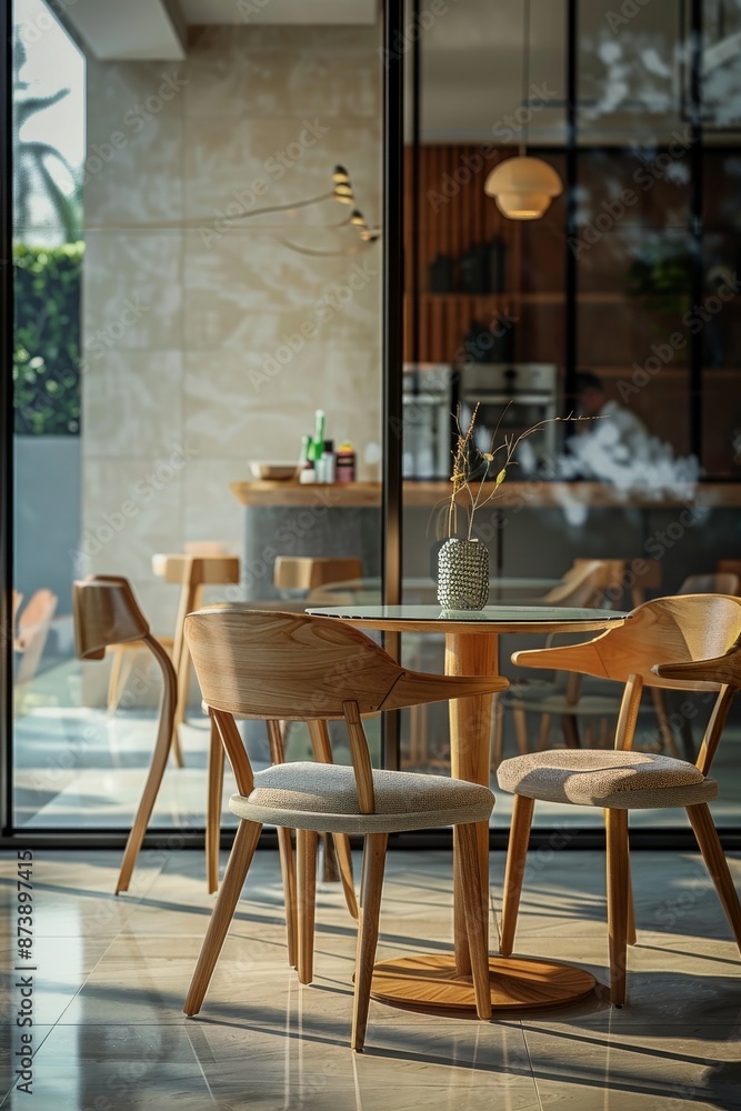 Interior of modern cafe with wooden tables and chairs. Interior of modern cafe with wooden tables and chairs.