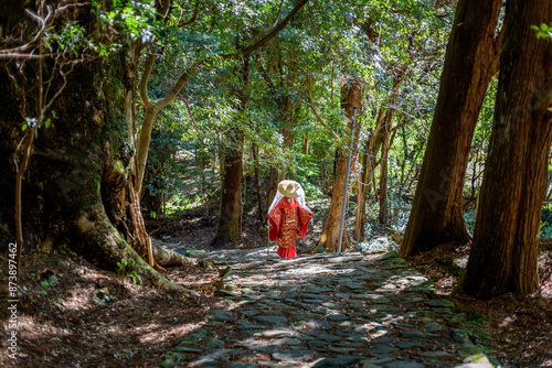 Canvastavla Japanese woman wearing traditional Heian Period costume at the Kumano Kodo Pilgr