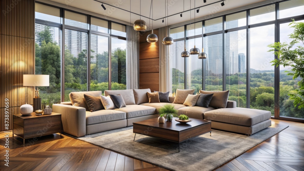 A sleek, contemporary living room features a neutral color scheme, floor-to-ceiling windows, and a stylish sectional sofa arrangement. A sleek, contemporary living room features a neutral color scheme, floor-to-ceiling windows, and a stylish sectional sofa arrangement.