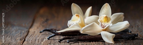 White Vanilla Flowers Resting on Dried Vanilla Beans
