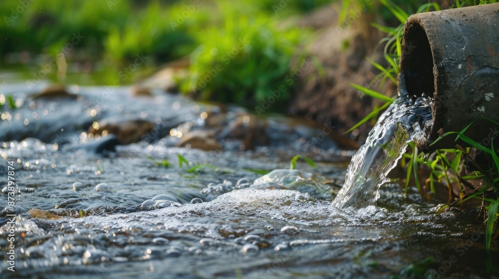 Water pipe in water field, discharge. Clear Water flowing from a pipe, closeup Water pipe in water field, discharge. Clear Water flowing from a pipe, closeup