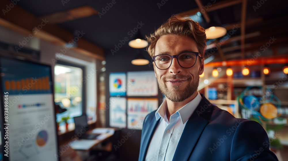 Business man keep a presentaiton in a cozy classic room with printer graphs Business man keep a presentaiton in a cozy classic room with printer graphs