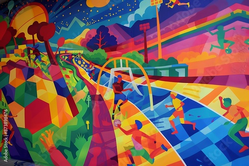 A vibrant mural of a sports scene with various activities like soccer, basketball, and running.