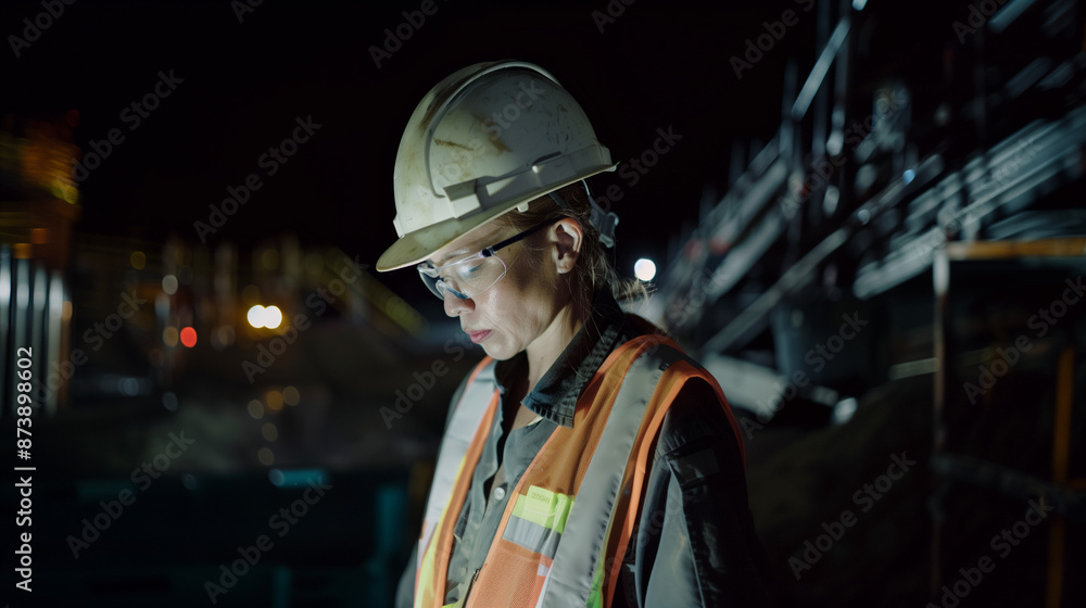 portrait of a worker woman wearing a helmet safety west and safety glasses working at night portrait of a worker woman wearing a helmet safety west and safety glasses working at night