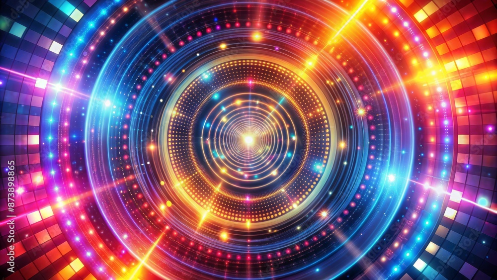 Obraz premium Vibrant, dynamic abstract background featuring moving stripes, flashing lights, and shimmering dots within rotating circles, evoking futuristic digital energy.