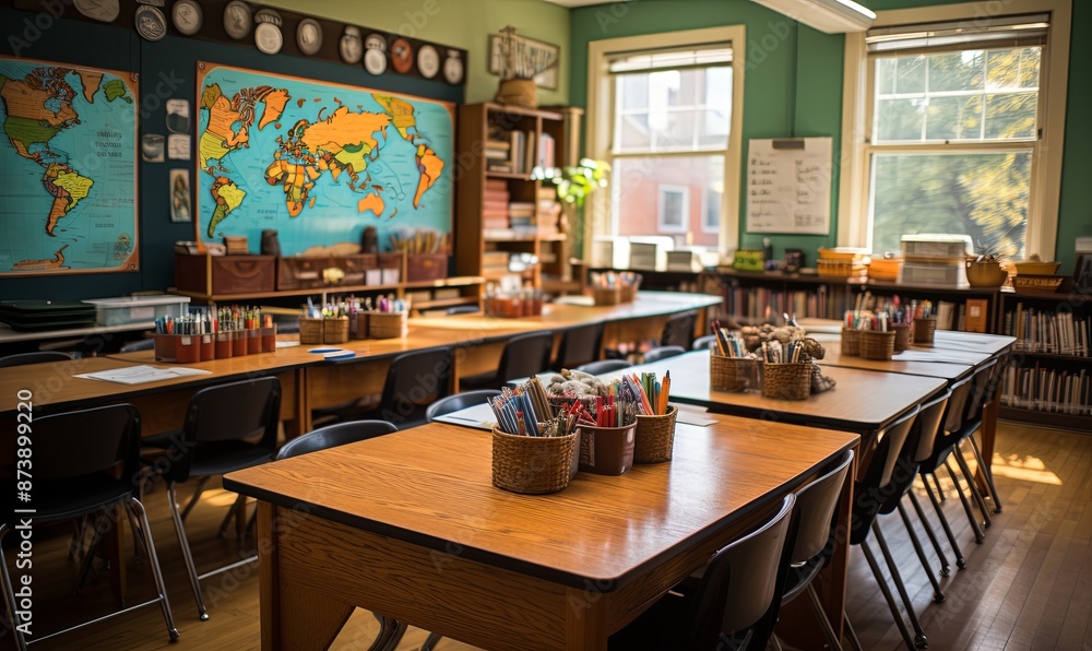 Classroom With Desks and Map on Wall Classroom With Desks and Map on Wall