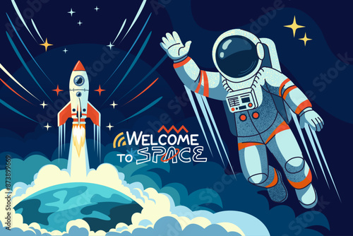 Space astronaut background. Spaceship or rocket landing, planet Earth. Future, spaceman. Technology cosmos, cosmonaut shuttle flight, science backdrop. Vector universe explore cartoon style set