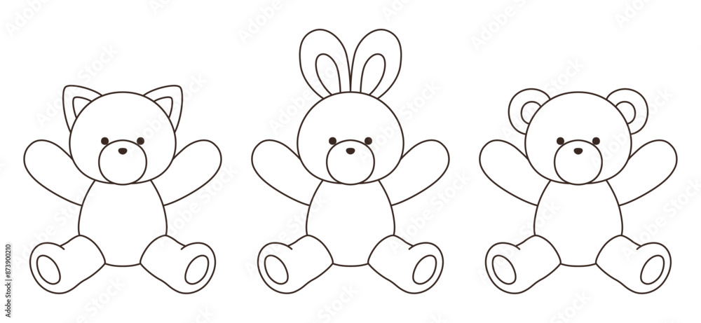 かわいいくまとうさぎとねこのぬいぐるみのベクターイラスト アイコン セット 動物 かわいいくまとうさぎとねこのぬいぐるみのベクターイラスト アイコン セット 動物