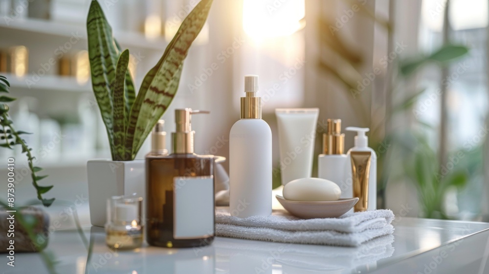 Fototapeta premium Assorted beauty products and plants on a white table