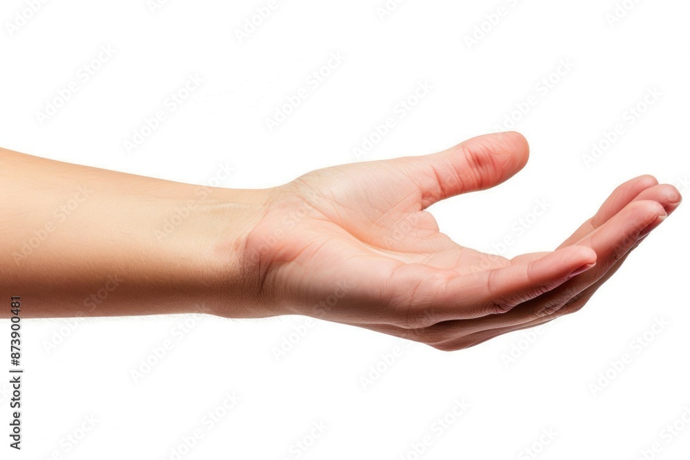 Hand Outstretched Gesture in Isolated White Background. Adult Asking for Assistance with Open Palm Hand Outstretched Gesture in Isolated White Background. Adult Asking for Assistance with Open Palm