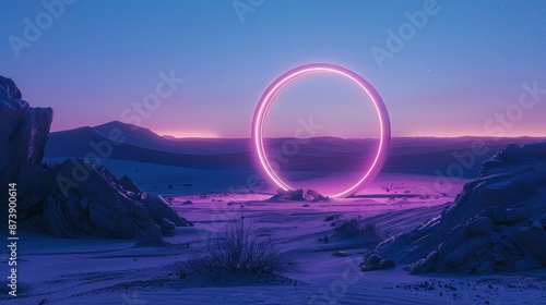 Futuristic Neon Circle in Desert Landscape at Twilight