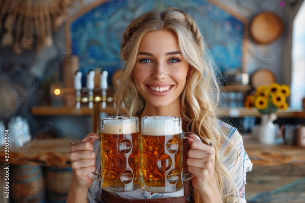 Smiling woman in traditional Bavarian dress holding two large beer mugs, Ideal for Oktoberfest promotions. Smiling woman in traditional Bavarian dress holding two large beer mugs, Ideal for Oktoberfest promotions.