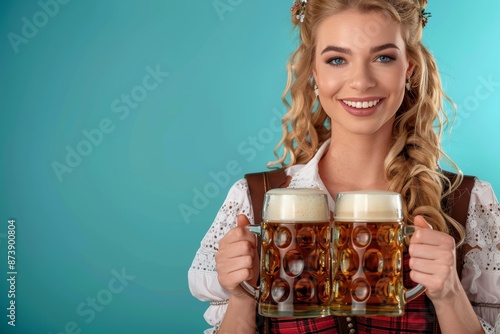 Smiling woman in traditional Bavarian dress holding two large beer mugs, Ideal for Oktoberfest promotions. photo