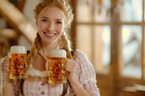 Smiling woman in traditional Bavarian dress holding two large beer mugs, Ideal for Oktoberfest promotions. photo