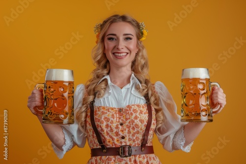 Smiling woman in traditional Bavarian dress holding two large beer mugs, Ideal for Oktoberfest promotions. photo